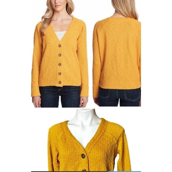 Two by Vince Camuto Sz M Mustard Yellow Slub Knit Button Cardigan Exposed Seams - Picture 1 of 14